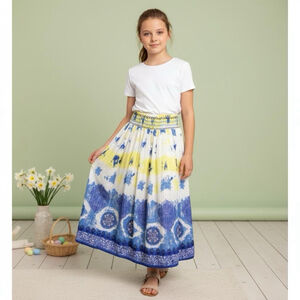 Justice Girls 12 Yellow Blue Tie Dye Sequin Maxi Skirt Pull On Metallic Shimmer